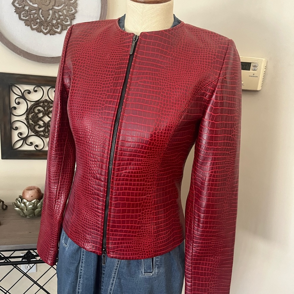Red Croc-Embossed Leather Jacket with Zip Front